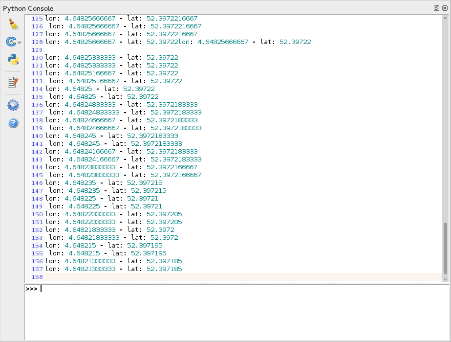 output in Python console of QGIS connected GPS